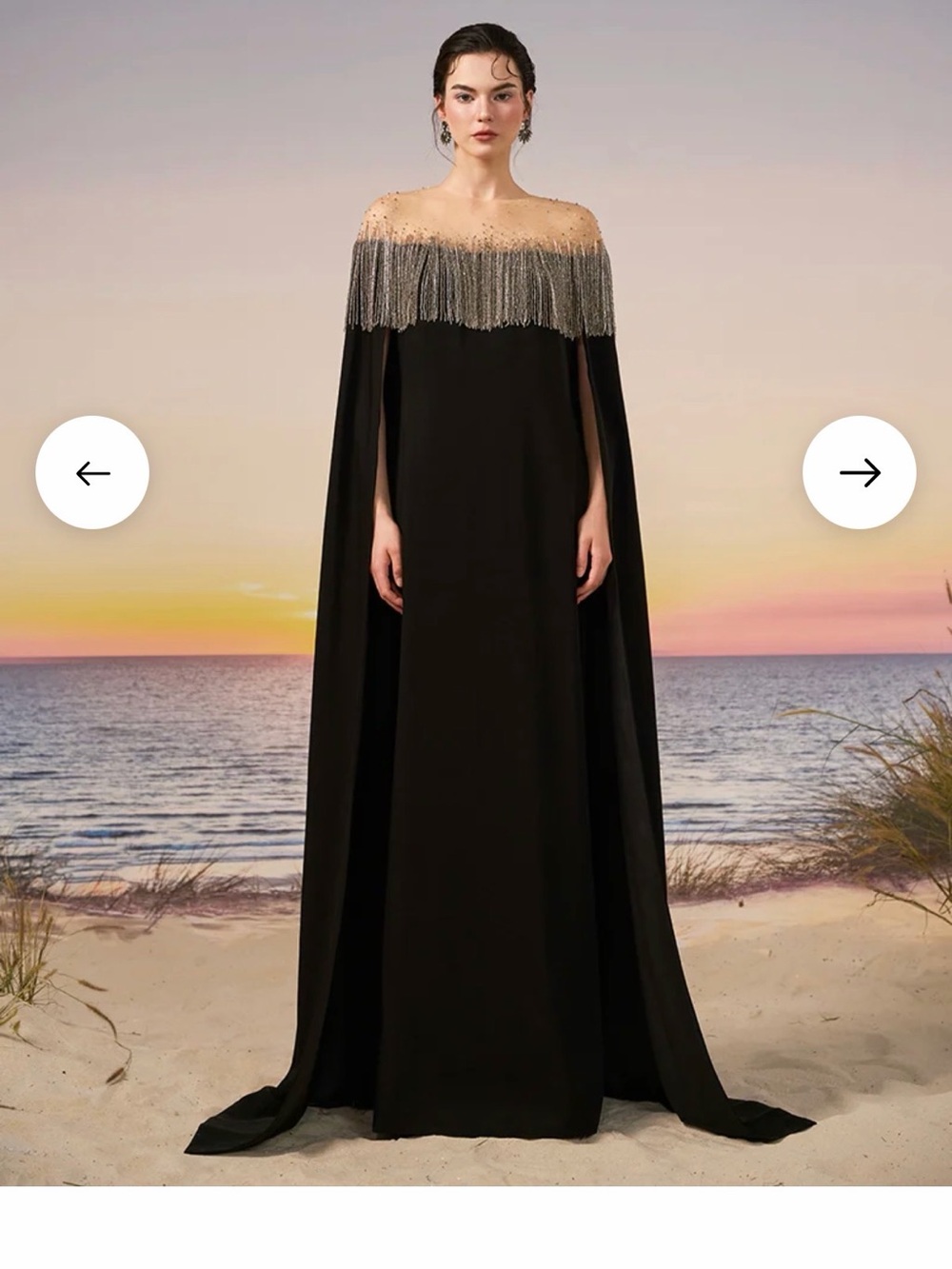 Black Off-Shoulder Evening Cape Dress with Silver Fringe - Picture 4 of 5
